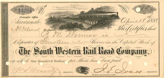 South Western Rail Road Co. - Stock Certificate